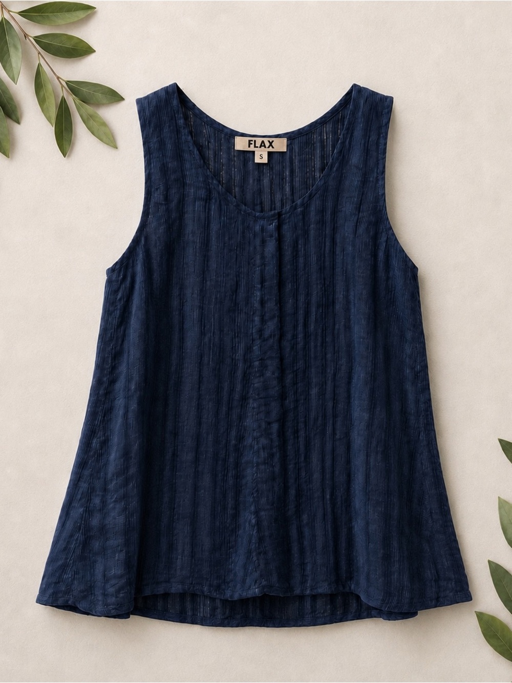 Flax 100 % Linen Made in Lithuania Navy Textured Scoop Neck Tank Size S